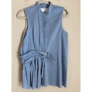 Victoria Victoria Beckham Sleevless Linen Blouse Sz 6 Blue Pinstripe Band Collar